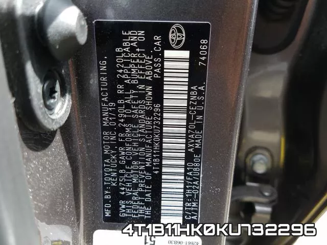 4T1B11HK0KU732296 фото 2
