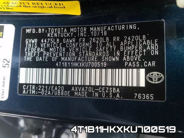 4T1B11HKXKU700519 фото 2