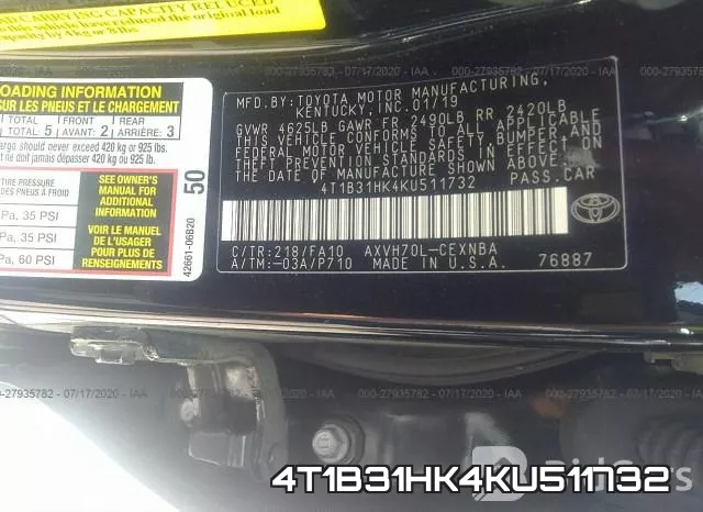 4T1B31HK4KU511732 фото 10