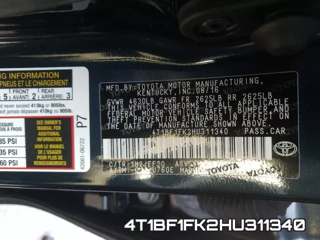 4T1BF1FK2HU311340 фото 2