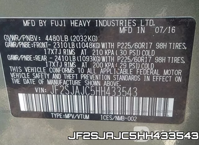 JF2SJAJC5HH433543 фото 10