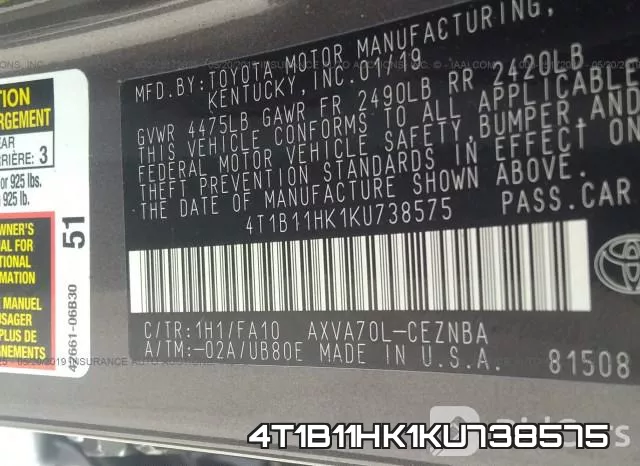 4T1B11HK1KU738575 фото 10