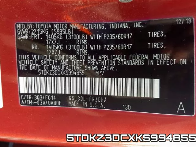 5TDKZ3DCXKS994855 фото 2
