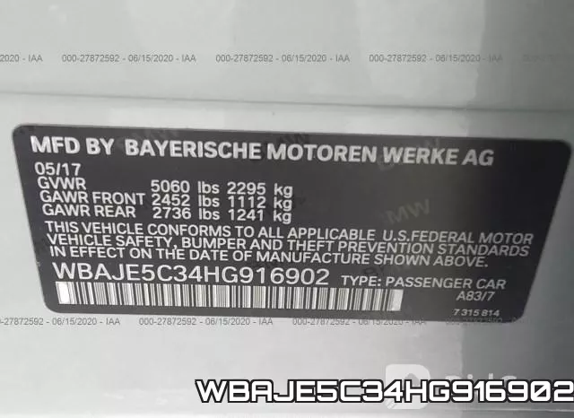 WBAJE5C34HG916902 фото 9