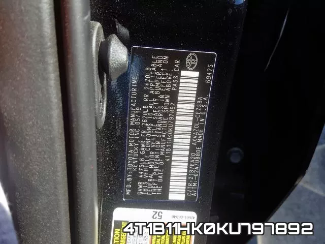 4T1B11HK0KU797892 фото 2