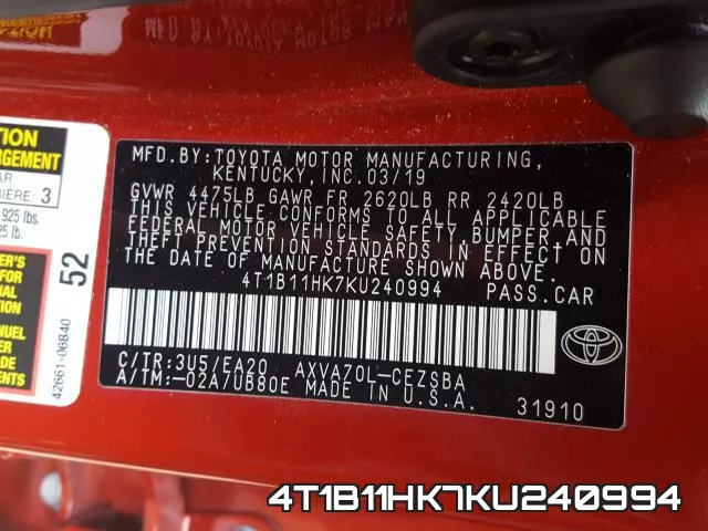 4T1B11HK7KU240994 фото 2