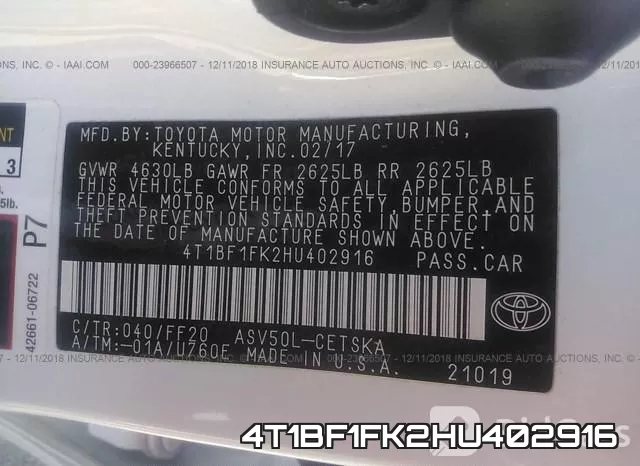4T1BF1FK2HU402916 фото 10