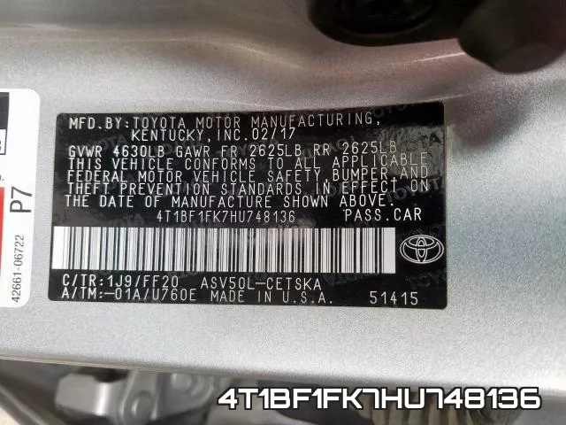 4T1BF1FK7HU748136 фото 2