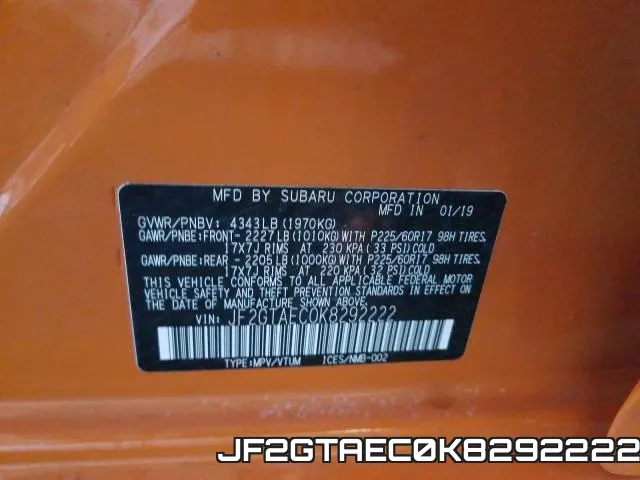 JF2GTAEC0K8292222 фото 2