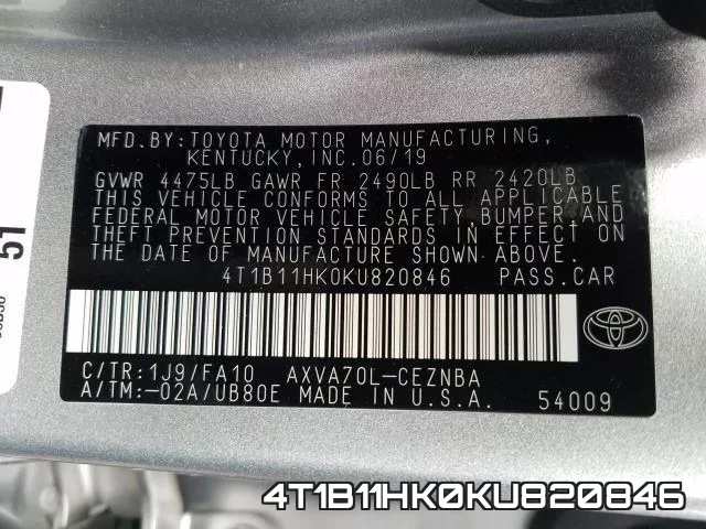 4T1B11HK0KU820846 фото 2
