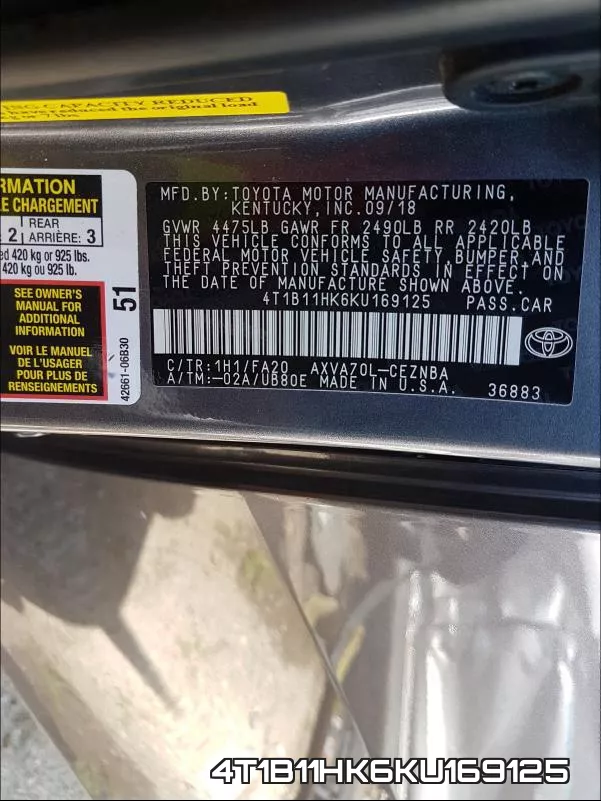 4T1B11HK6KU169125 фото 2