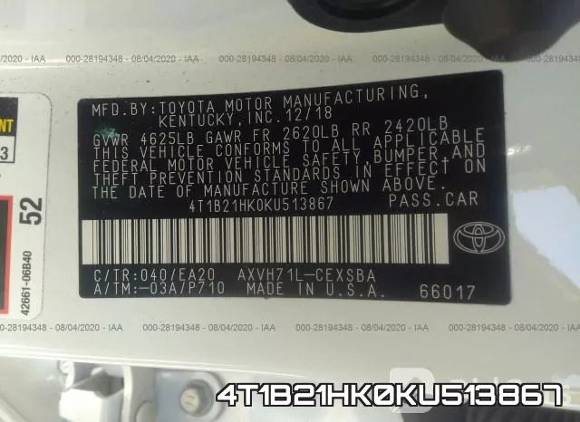 4T1B21HK0KU513867 фото 10