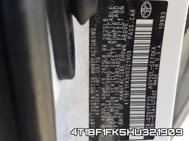 4T1BF1FK5HU321909 фото 2