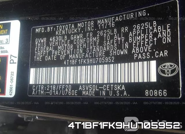 4T1BF1FK9HU705952 фото 10