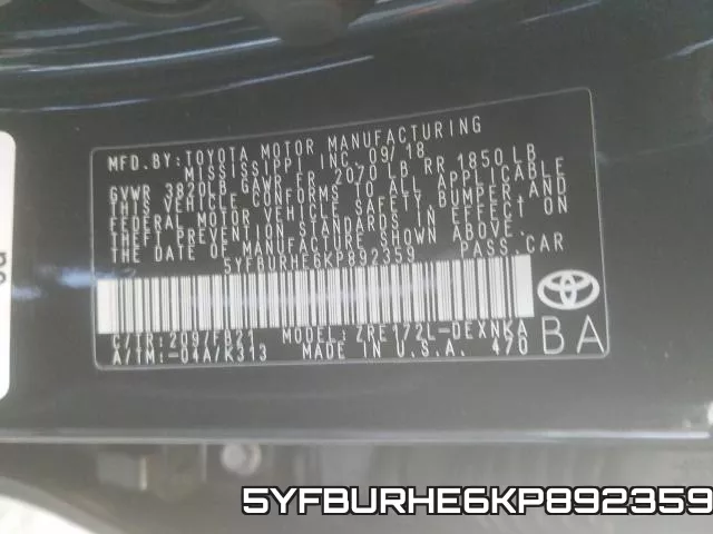 5YFBURHE6KP892359 фото 2