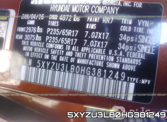 5XYZU3LB0HG381249 фото 10