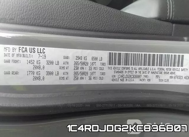 1C4RDJDG2KC836807 фото 10