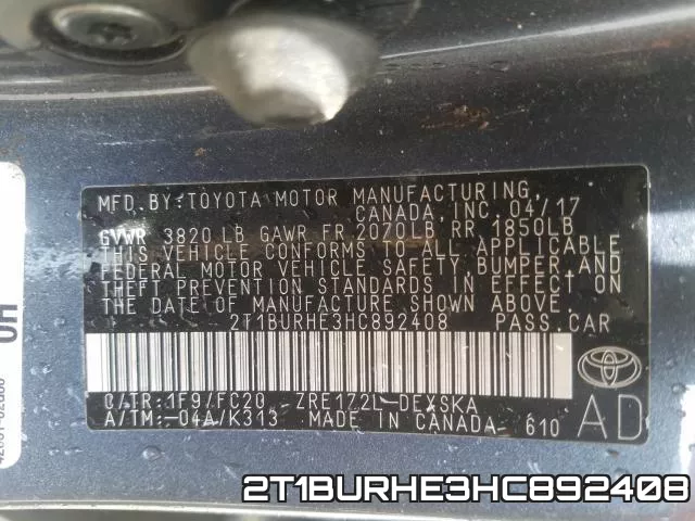 2T1BURHE3HC892408 фото 2
