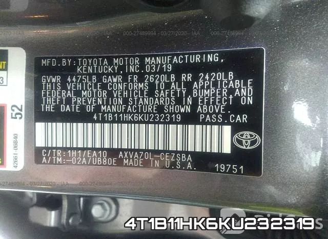 4T1B11HK6KU232319 фото 10
