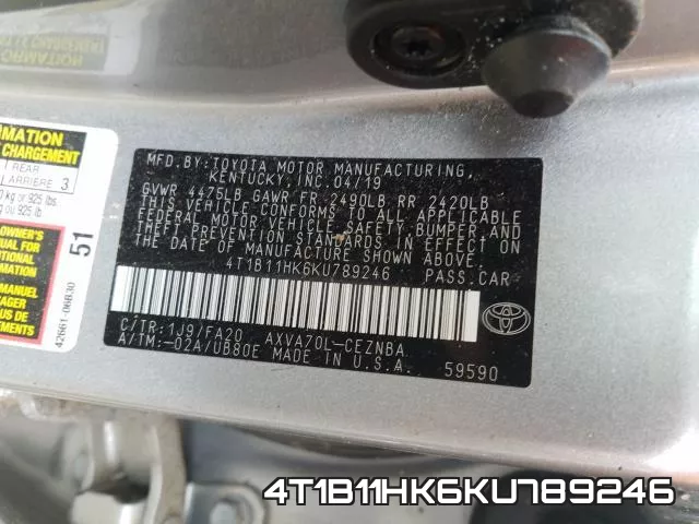 4T1B11HK6KU789246 фото 2