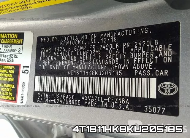 4T1B11HK8KU205185 фото 10