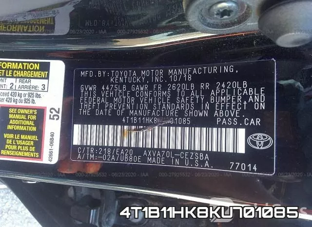 4T1B11HK8KU701085 фото 10