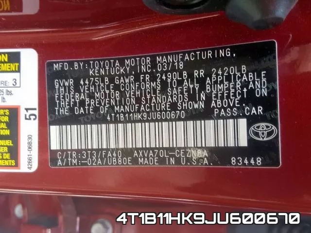 4T1B11HK9JU600670 фото 2