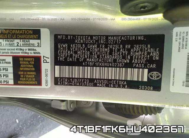 4T1BF1FK6HU402367 фото 10