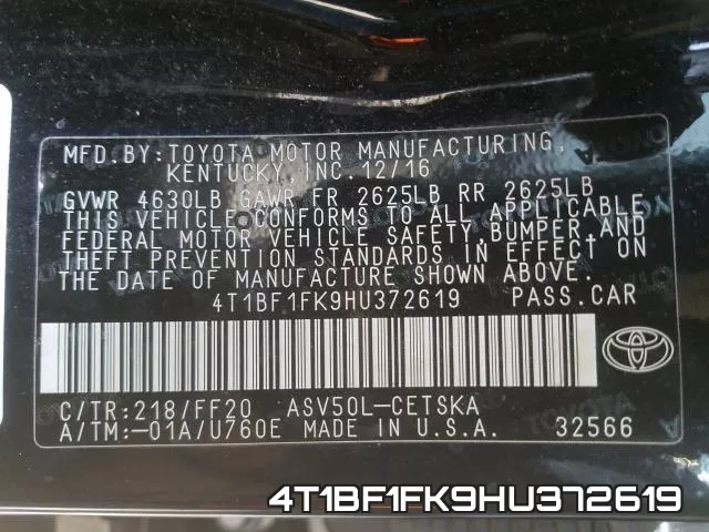4T1BF1FK9HU372619 фото 2
