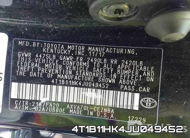 4T1B11HK4JU049452 фото 10