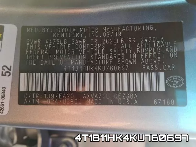 4T1B11HK4KU760697 фото 2