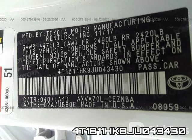 4T1B11HK8JU043430 фото 10