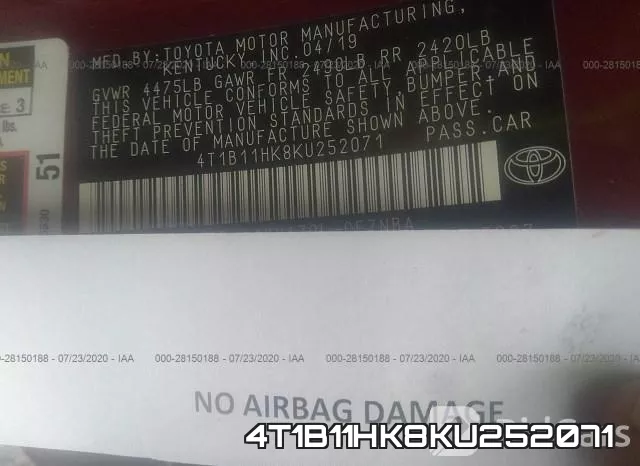 4T1B11HK8KU252071 фото 10