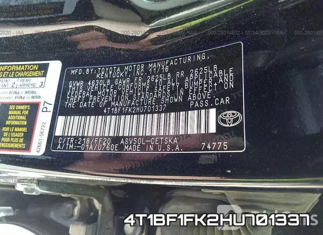 4T1BF1FK2HU701337 фото 10