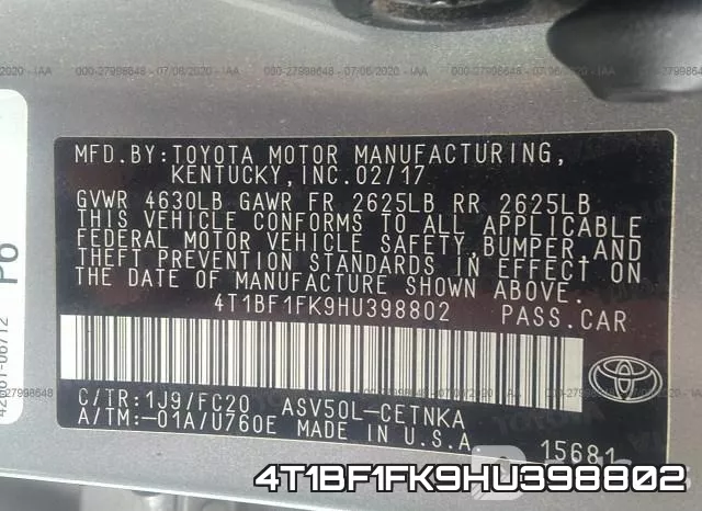 4T1BF1FK9HU398802 фото 10