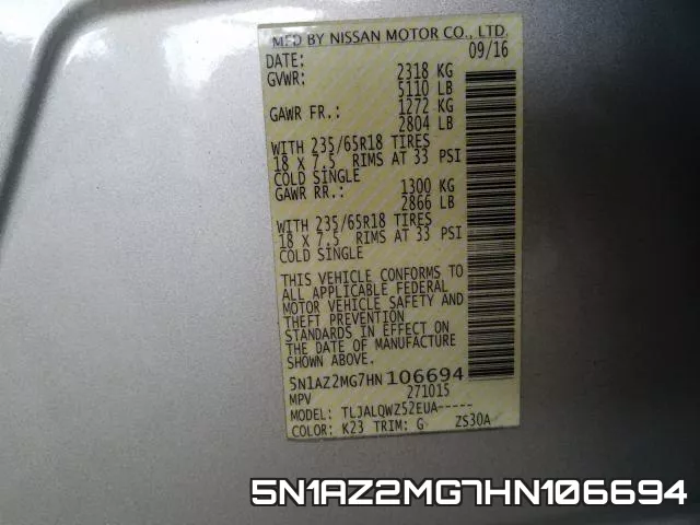 5N1AZ2MG7HN106694 фото 2