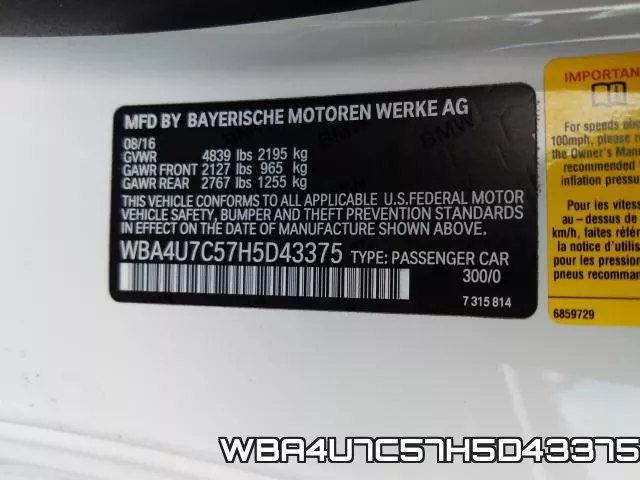 WBA4U7C57H5D43375 фото 2