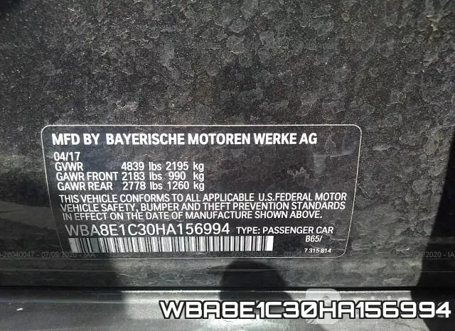 WBA8E1C30HA156994 фото 10