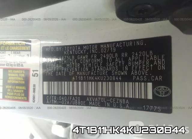 4T1B11HK4KU230844 фото 10