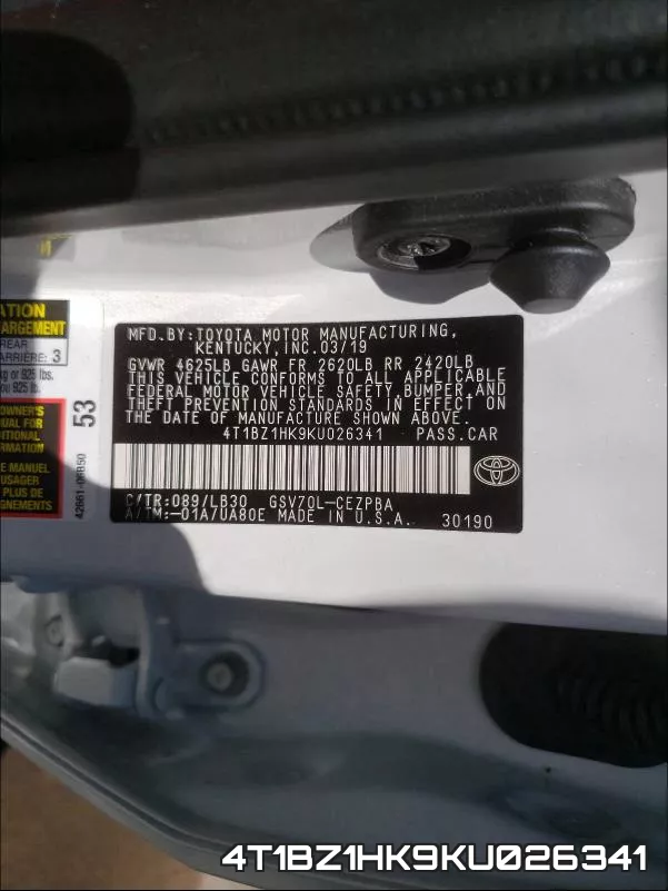 4T1BZ1HK9KU026341 фото 2