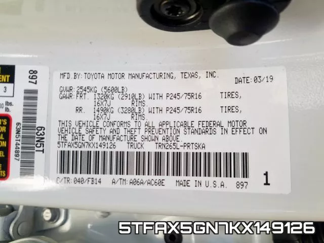 5TFAX5GN7KX149126 фото 2