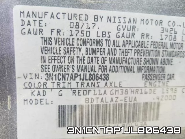 3N1CN7AP1JL806438 фото 2
