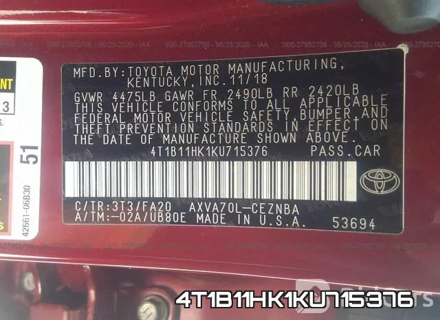 4T1B11HK1KU715376 фото 10