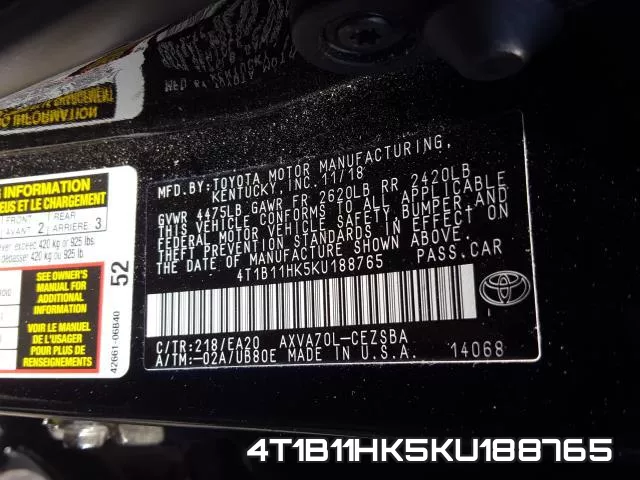 4T1B11HK5KU188765 фото 2