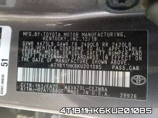 4T1B11HK6KU201085 фото 2