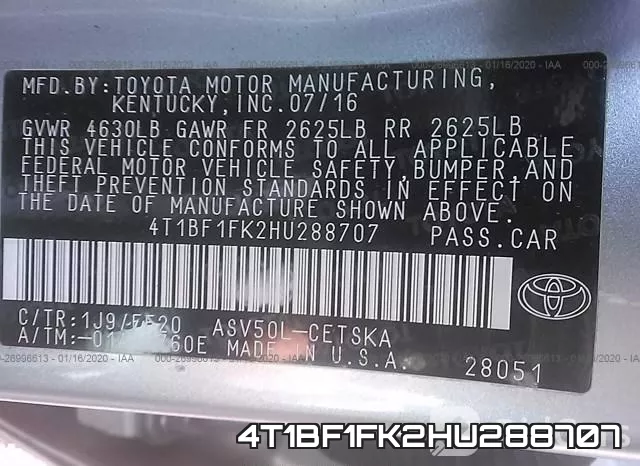 4T1BF1FK2HU288707 фото 10