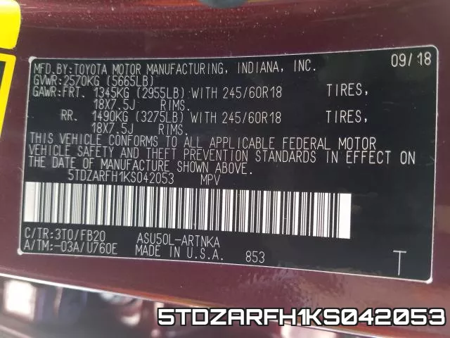 5TDZARFH1KS042053 фото 2