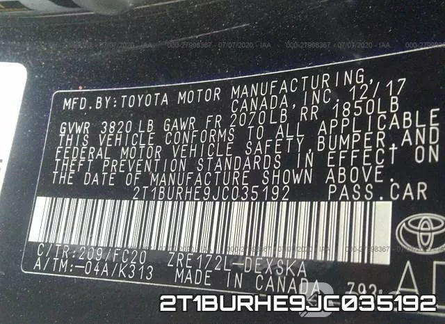 2T1BURHE9JC035192 фото 9