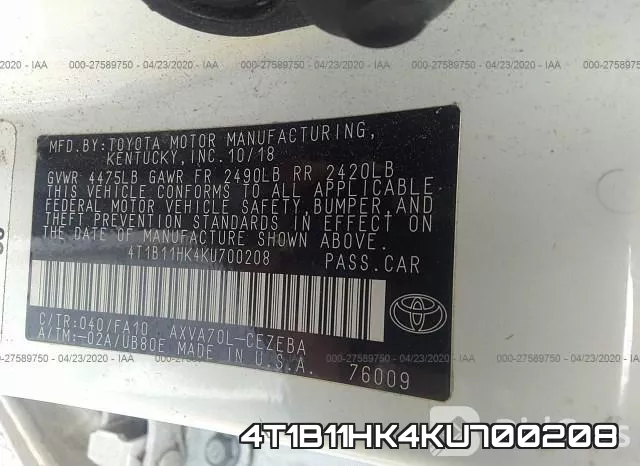 4T1B11HK4KU700208 фото 10
