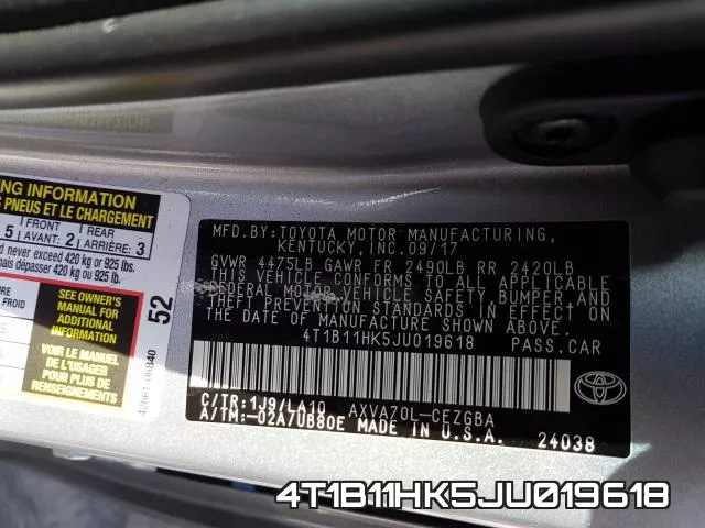 4T1B11HK5JU019618 фото 2